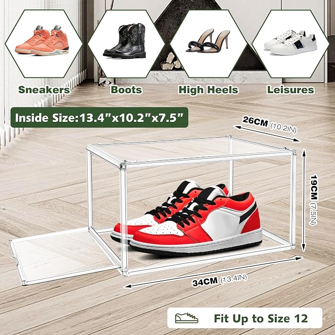 2 Pack Drop Front Acrylic Shoe Boxes with Magnetic Door Fit US Size 12, Clear Stackable Shoe Organizer for Closet, Entryway, Underbed, Multiple Display Cases for Hats, Figures, Sneakers - Image 3