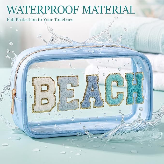 Kacctyen 10 Pcs Beach Clear Makeup Bags with Zipper in 5 Assorted Colors, Chenille Letter Sunscreen Bags Bulk, Waterproof Clear Toiletry Bag for Women Beach Pool Trip & Summer Birthday Party Favors - Image 4