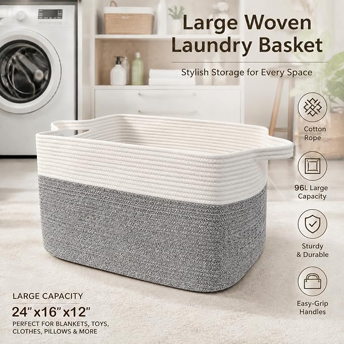 96L XXXLarge Woven Laundry Basket with Sturdy Handles - White/Grey | Machine washable,Space-Saving Collapsible Design,Cotton rope, blanket basket living room,for toys clothes nursery bathroom - Image 5