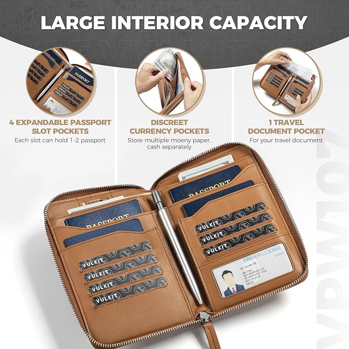 VULKIT Leather Passport Holder for 4-8 Passports Family RFID Blocking Passport Wallet with Zipper Travel Documents Organizer for Men or Women (Brown) - Image 2