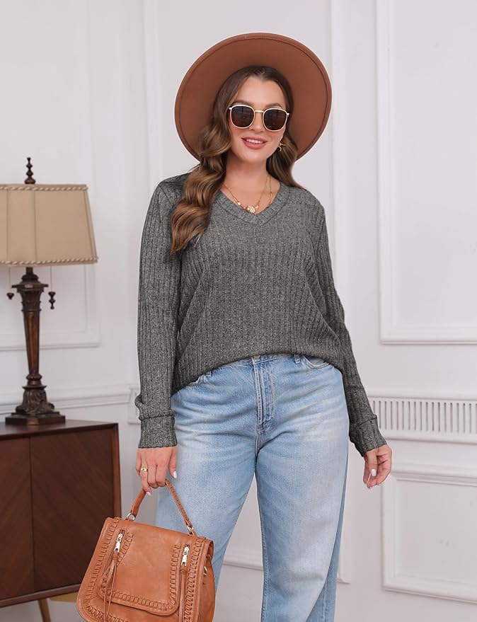 Sampeel V Neck Long Sleeve Shirts for Women Casual Fall Tops Lightweight Tunic Sweaters Fashion Clothes Loose Fit 2025