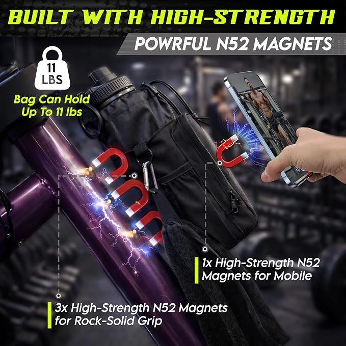 Magnetic Gym Bag & Magnetic Water Bottle Holder Set - 40oz Insulated Stainless Steel Bottle, Microfiber Towel, Cross Body Strap & Phone Holder Magnet - Gym Bag Essentials for Fitness, Work & Travel - Image 2
