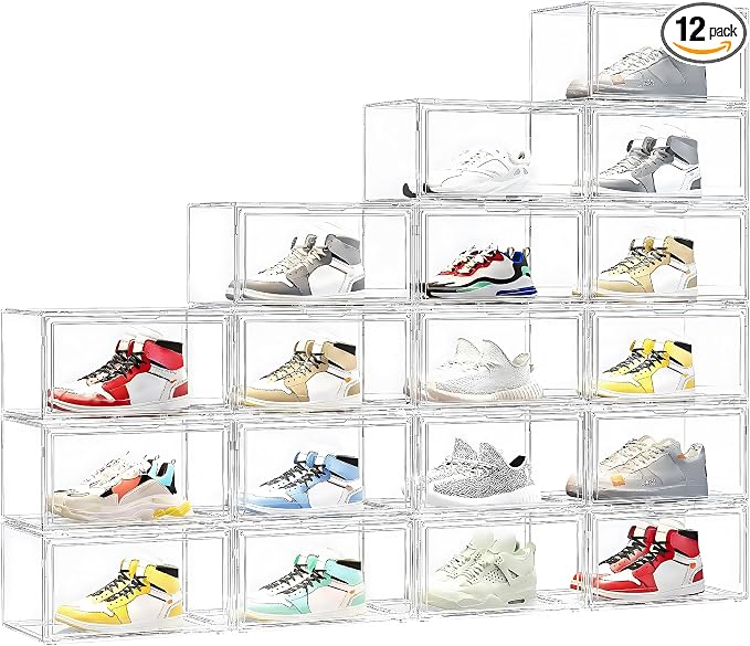 MMBABY 12 Pack Acrylic Clear Shoe Boxes– Ultra Clear Plastic Stackable Sneaker Storage For Sneakerhead. Professional Grade Shoe Display Case with Magnetic Door.Fits US Size 15 by MMBABY