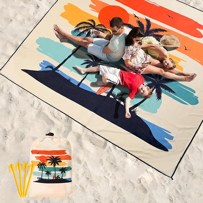 HIHOHO Beach Blanket Waterproof Sandproof Beach Mat 79”x 83” for 1-8 Adults Quick Drying Durable Outdoor Picnic Mat for Beach Festival Travel Camping Hiking (Rainbow Cocotree-YL, 79"×83"(4 Person)) - Image 6