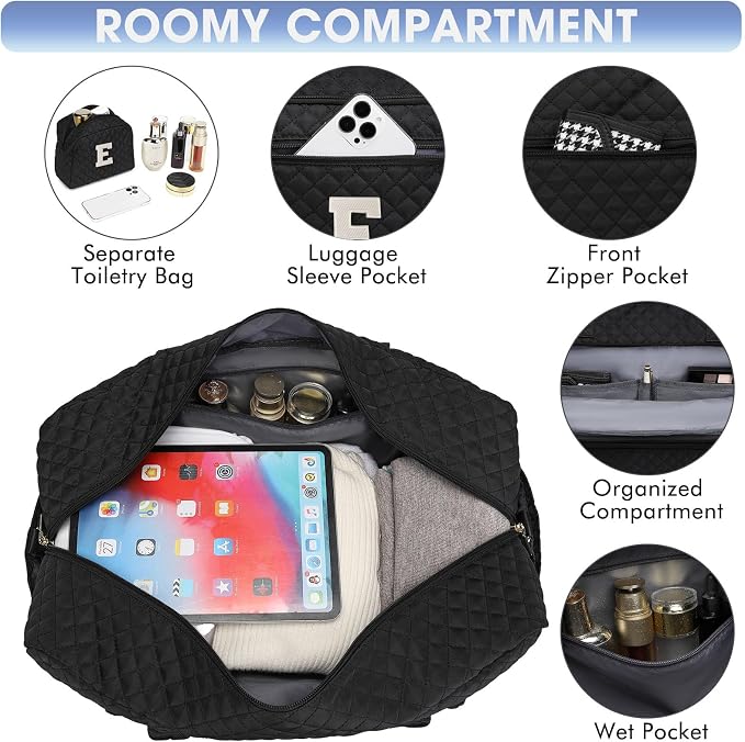 Initial Travel Duffle Bag for Women - Black Personalized Weekender bags Overnight Bag with Shoe Compartment & Wet Pocket Weekend Tote Bags with Toiletry Bag Monogram Christmas Gift (Letter E) - Image 2