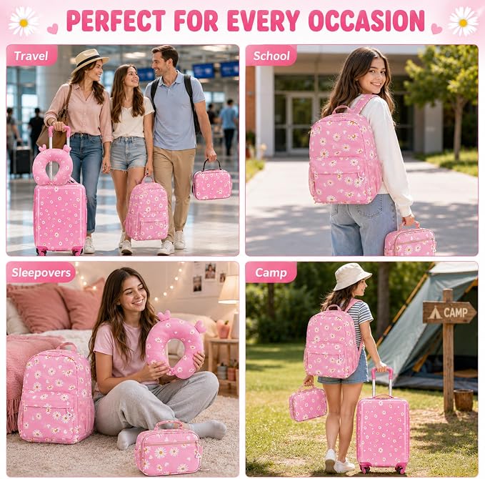 Redbaker 6 Pcs Kids Luggage Set, 17 Inch Rolling Suitcase with Backpack Lunch Bag Neck Pillow, Pink Daisy Travel Set for Summer Vacation Sleepover Back to School Gift - Image 8