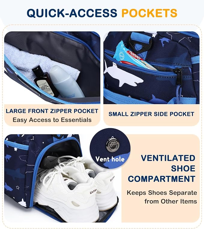Kids Duffle Bag,VASCHY Travel Bag for Toddler Boys Overnight Sleeping Bag Duffel Ballet Dance Sport Carry On Weekender Bag with Shoes Compartment Dry Wet Pocket Sharks - Image 4