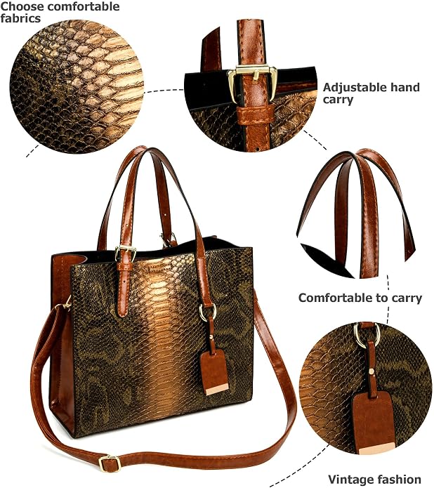 KingTo Women's Crocodile Pattern Satchel Handbags Stylish Tote Handbags crocodile purses for women 3 Pcs Set (B-blue) - Image 7