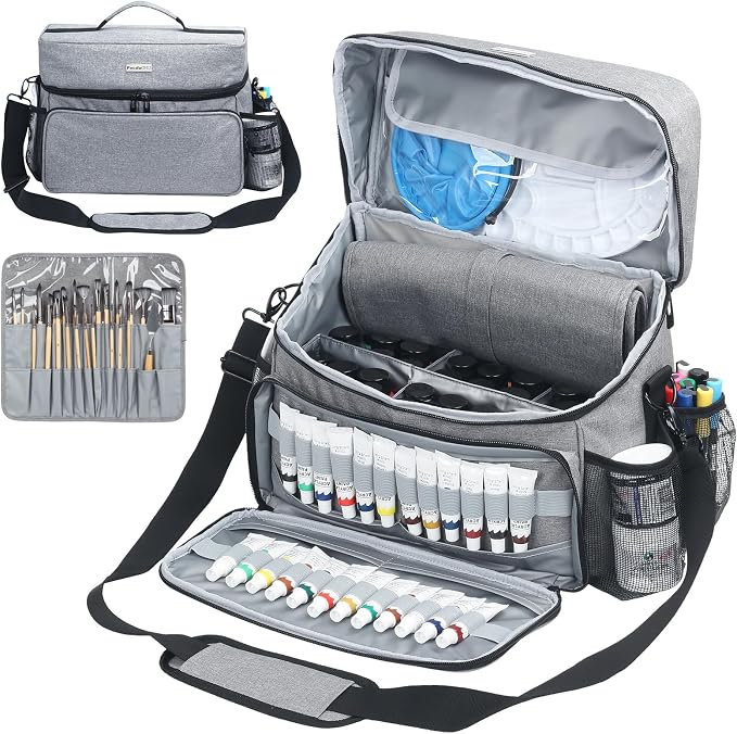 Acrylic Paint and Brush Set Organizer Bag - Carrying Case Compatible with Apple Barrel, Shuttle Art, Caliart Art Supplies - Includes Detachable Paint Brush Holder - for Home/Travel/Outdoor (Pro Gray) by SOLDWELLALLOVERTHEWORLD