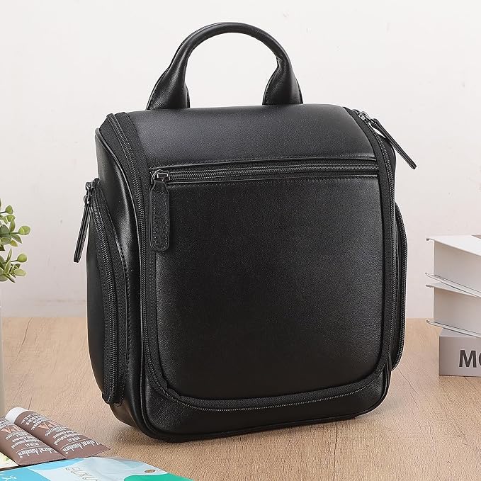 Masa Kawa Leather Hanging Travel Toiletry Bag for Men Portable Expandable Camping Cosmetics Makeup Toiletries Organizer Waterproof Bathroom Shaving Kit Black Wash Bags - Image 8