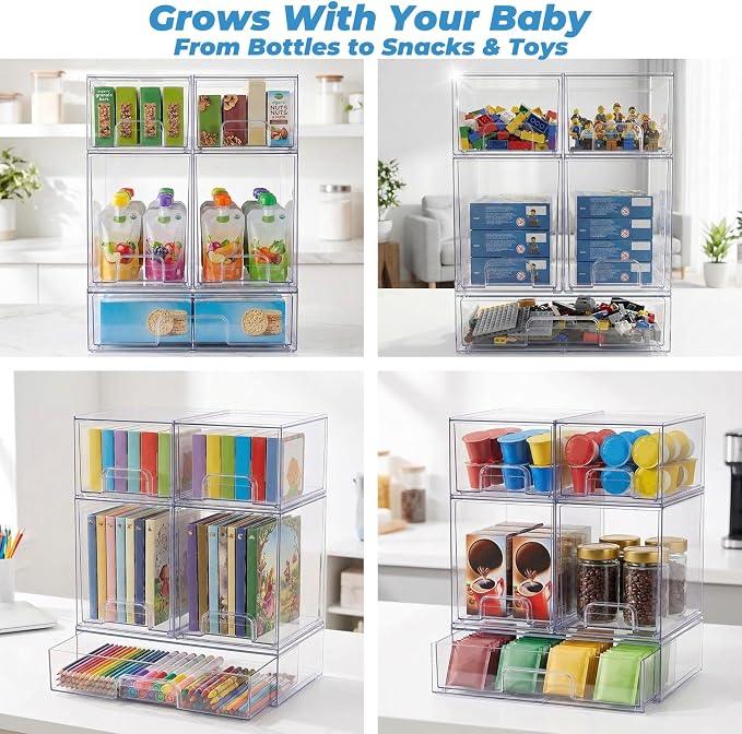 Baby Bottle Organizer, 5 Pack Stackable Storage Dust-proof Drawers, Clear Plastic Bottle Station Organizer for Countertop & Cabinet, Pacifier and Medicine Container for Nursery - Image 5
