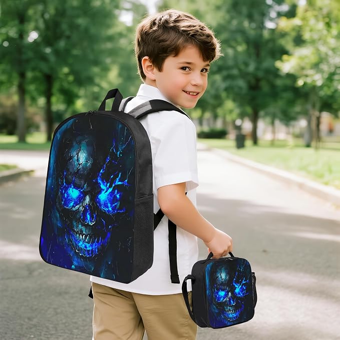 Skull Kid Backpack Set with Lunch Bag & Pencil Case Large Capacity School Bag 17 Inch Bookbag for Boy Girl - Image 2