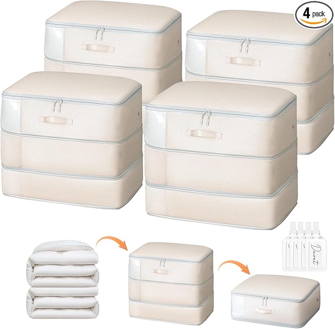 DIMJ Comforter Storage Bag - Large Capacity Ultra Space Saving Self Compression Organize for Duvet, Pillow, Bedding, Blanket Storage Organizer Nylon Compression Bags, Sheet Storage, Beige, 4 Pack by DiMJ