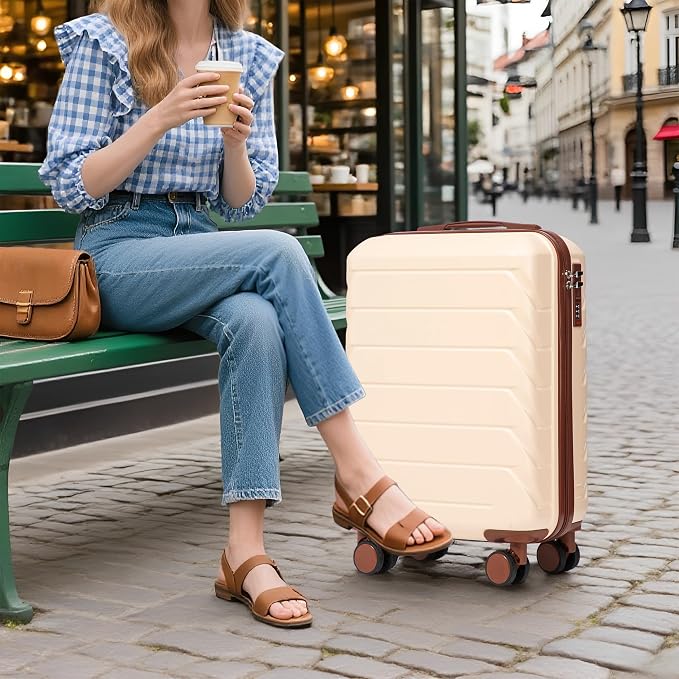 Gradient Color Suitcase 2-Piece Set, 20" Rotating Wheel Suitcase with 14" Cosmetic Case, Lightweight Durable Hardshell Luggage with 360° Spinner Wheels for Travel, Women & Girls (Beige) - Image 8