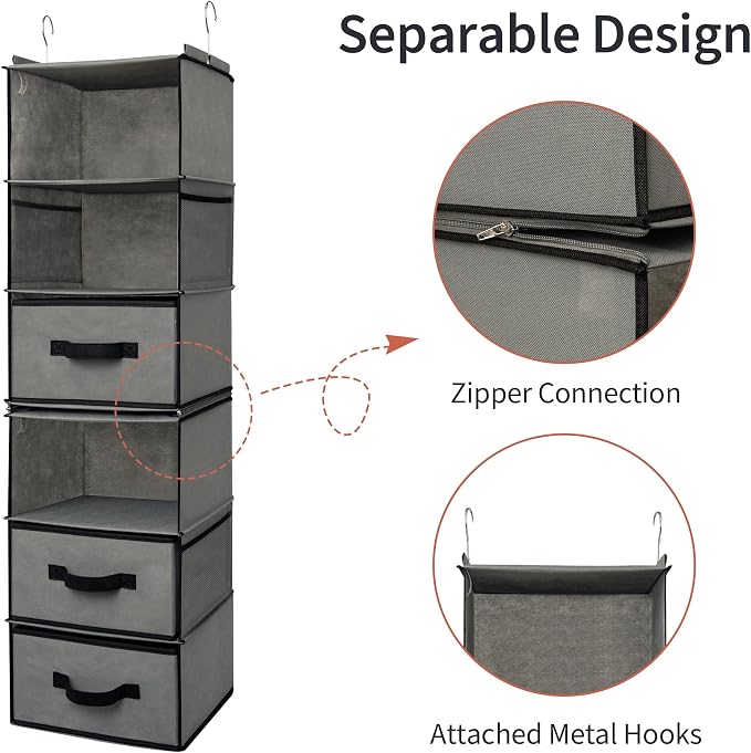 GRANNY SAYS 6-Shelf Hanging Closet Organizer, Separable to 2 Pack 3-Shelf, Closet Organization and Storage with 3 Different Drawers, 4 Side Pockets Wardrobe Clothes Organizer, Gray, 1-Pack - Image 6