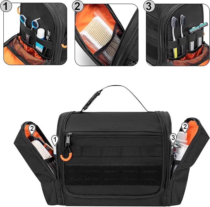 Tactical Toiletry Travel Bag for Men, Hanging Dopp Kit Hygiene Bag Shower Organizer with Hook for Toiletries and Shaving Care, Black (Empty Bag) - Image 3