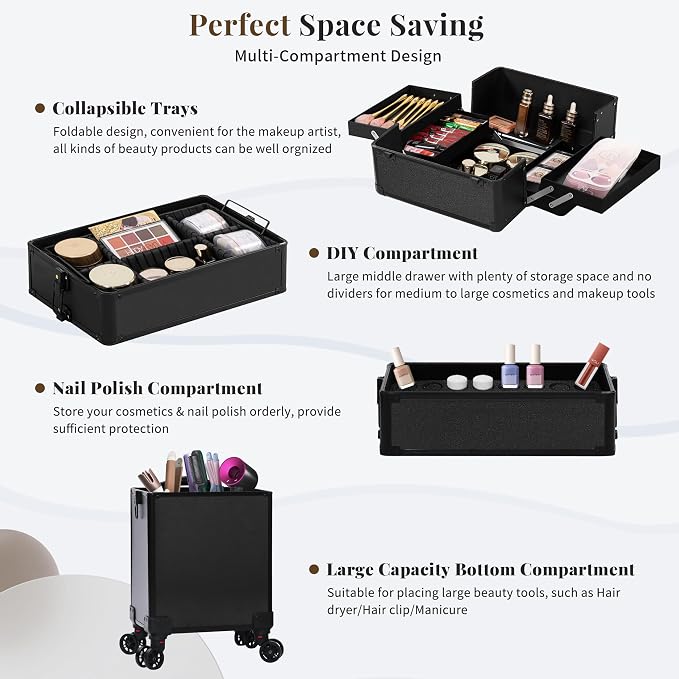 Rolling Makeup Train Case with Lid Cosmetology Case on Wheels | 5 in 1 Large Cosmetic Trolley Organizer Travel for Hairstylist Artist Nail Beauty Salon Barber Cart Trunk, Black - Image 7