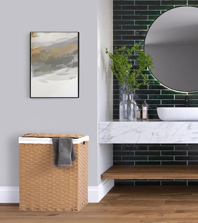 Seville Classics Premium Handwoven Portable Laundry Bin Basket with Carrying Handles, Household Storage for Clothes, Linens, Sheets, Tan, Rectangular Hamper - Image 2