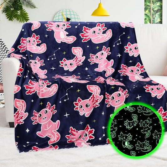 Twin Size Axolotl Throw Blanket for Bed & Couch - Glow in The Dark Blankets Axolotl Gifts for Girls & Women, Lightweight Soft Salamander Throw for Bedroom Decor 60x80 inches
