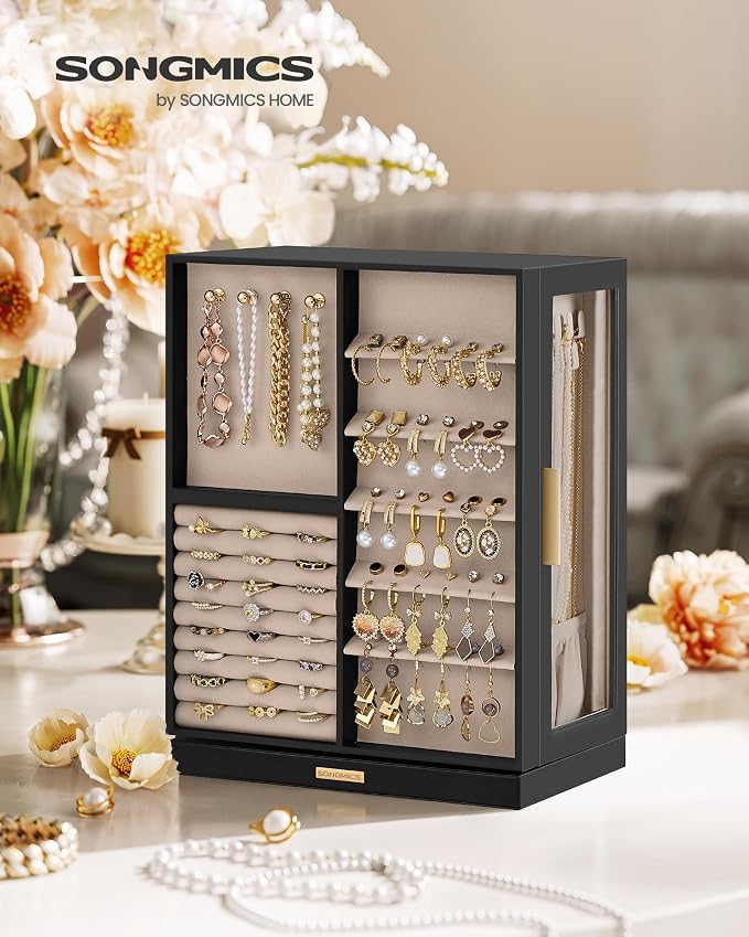 SONGMICS GISELLA Collection - Jewelry Box 360° Rotating, Jewelry Storage Case with 7 Drawers, Jewelry Organizer, Glass Window, Open Design, Great Gift, Ink Black UJBC201B01 - Image 2