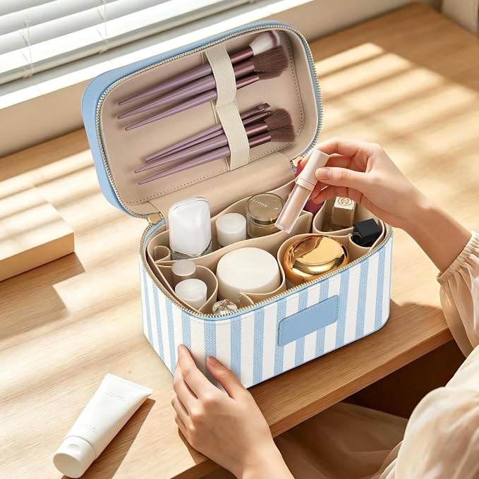 Makeup Bag Travel Toiletry Leather Cosmetic Case, Waterproof Makeup Organizer with Brush Holder, Wipe Clean Removable Divider Vanity Train Bag for Women, Misty Blue - Image 6
