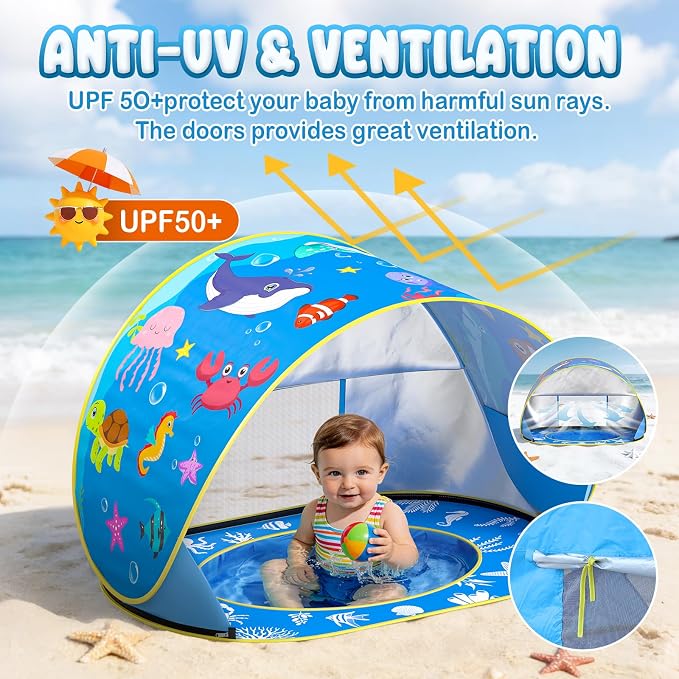 Baby Beach Tent with Pool, Pop Up Beach Tent UV Protection Sun Shelter for Infant Toddlers, Portable Shade Pool Tents Baby Beaches Essentials with Carry Bag for Outdoor, Travel, Camping - Image 3