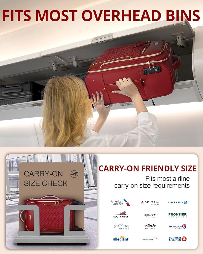 Carry On Luggage 22x14x9 Airline Approved, 20 Inch Softside Suitcase with 4 Pcs, Lightweight Luggage for Women with TSA Lock and 4 Spinner Wheels, Soft Side Carry-on Suitcases for Travel, Red - Image 4