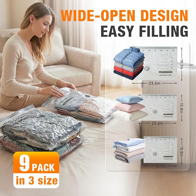 Space Saver Vacuum Storage Bags with Portable Electric Pump, Vacuum Seal Bags for Clothing Travel, Compression Bags for Travel & Home, Clothes, Blankets, Seasonal Storage, 9 Combo (3L/3M/3S) - Image 4