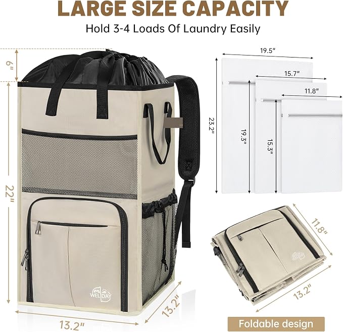 170L Laundry Backpack Bag with 3 Sizes Mesh Wash Bags Empty, Extra Large 2 in 1 Laundry Hamper Basket with Shoulder Straps, Freestanding Laundry Bag for College Dorm, Laundromat, Apartment (Beige) - Image 3