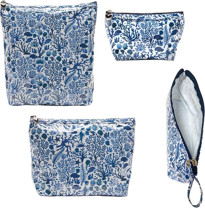Jacaranda Living Small Cosmetic Bag - Water-Resistant, PVC-Lined, Compact & Travel Ready Make Up Bag, Easy to Clean - Blue Seashells - Image 2