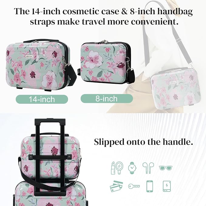 Merax 5 Piece Luggage Set with Spinner Wheels, Light Suitcase 8/14/20/24/28 | Durable Carry on Luggage with Handbag and Cosmetic Case Suitable all Ages,Green Pink Flower - Image 3