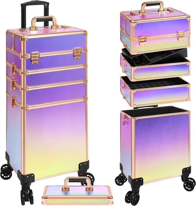 Rolling Makeup Train Case with Lid Cosmetology Case on Wheels | 5 in 1 Large Cosmetic Trolley Organizer Travel for Hairstylist Artist Nail Beauty Salon Barber Cart Trunk, Colorful - Image 8