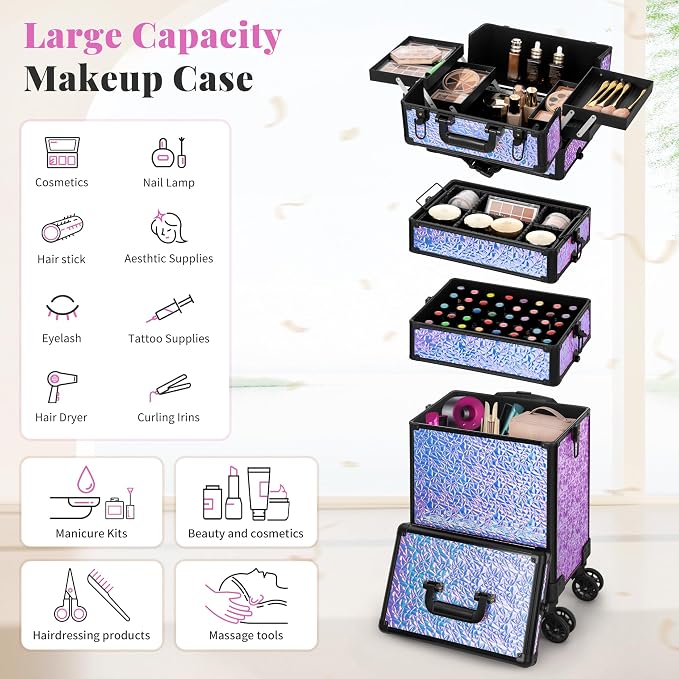 Rolling Makeup Train Case with Lid Cosmetology Case on Wheels | 5 in 1 Large Cosmetic Trolley Organizer Travel for Hairstylist Artist Nail Beauty Salon Barber Cart Trunk, Gravel Purple - Image 4