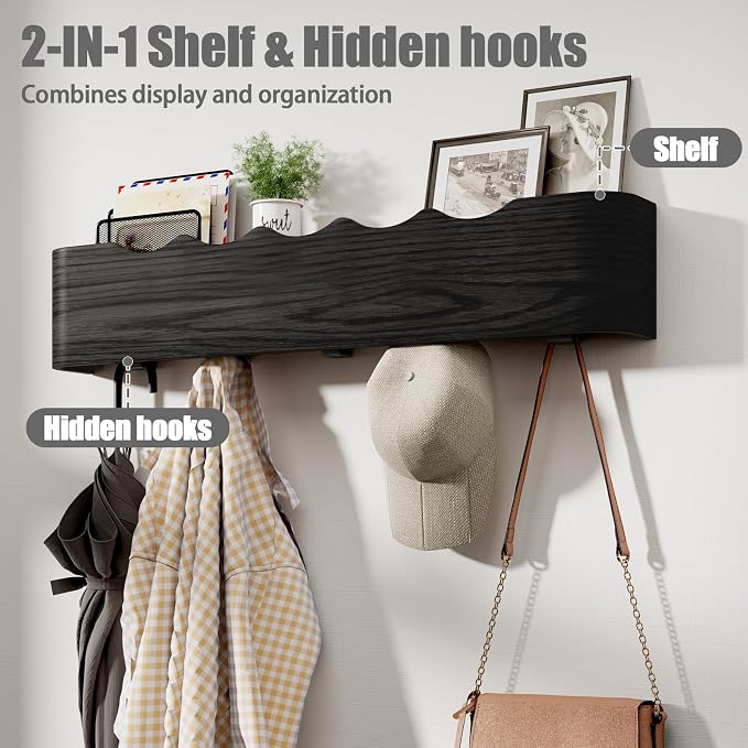 Coat Rack Wall Mount with Shelf 8 Hidden Hooks Modern Wooden Key Holder Entryway Organizer for Hallway Bedroom Bathroom Home Decor Storage for Hanging Coats Hats Bags Towels, Wave-Shape Black - Image 5