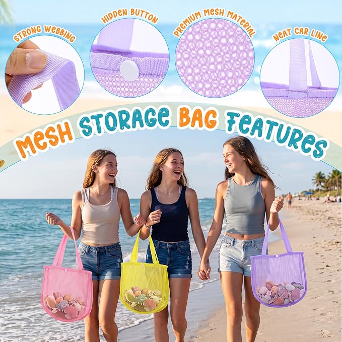 Kinlop 8 Pcs Mesh Beach Bag with Multiple Mesh Pockets Foldable Beach Tote Pastel Colors Shell Collecting Bag Family Travel Vacation Essentials for Family Travel Toys Camping Pool Gear Sports - Image 3