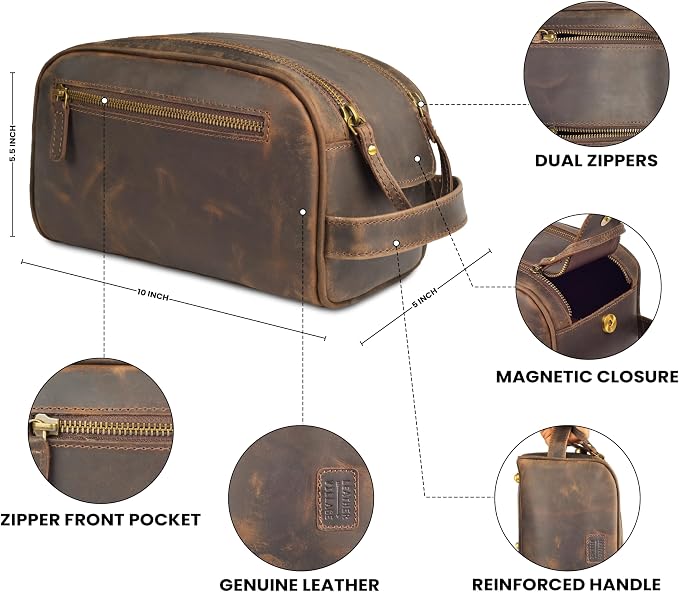 LEATHER VILLAGE Genuine Leather Toiletry Travel Bag With Waterproof Lining - Brown | King-Size Handcrafted Vintage Dopp Kit Bag, Shaving & Bathroom Organizer, Gift for Men & Women - Image 2