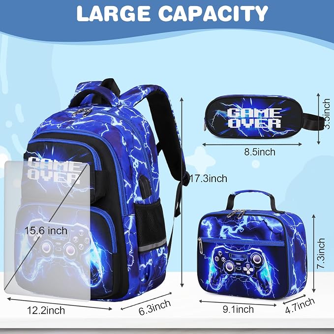 Bevalsa Backpack for Boys, School Bags for Kids, Bookbag for Boys Children Teens Backpacks for Elementary Middle High School Student, Bookbag and Lunch Bag Set with USB Charging Port (Lightning) - Image 2