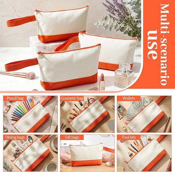 Silkfly 15 Pcs Cotton Canvas Makeup Bags Cosmetic Zipper Bags 10.2 x 5.5 x 2'' Blank DIY Pouch Bulk Pencil Case with Bottom Travel Toiletry Pouch for Women Craft Decor Gift (Beige and Orange) - Image 3