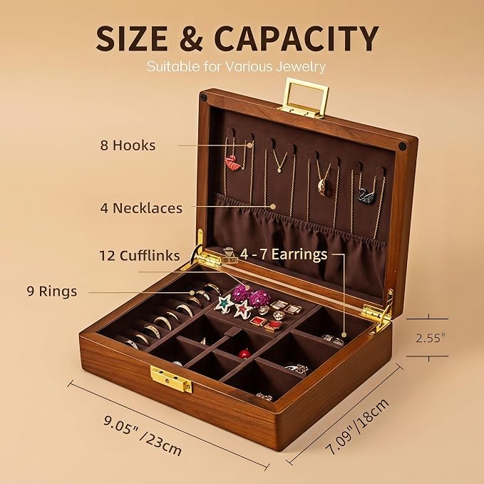 Solid Black Walnut Jewelry Box with Lock and Key Large Capacity Vintage Wooden Organizer for Women and Men Ring Necklace Earring Cufflink Storage Removable Dividers Gift for Christmas - Image 4