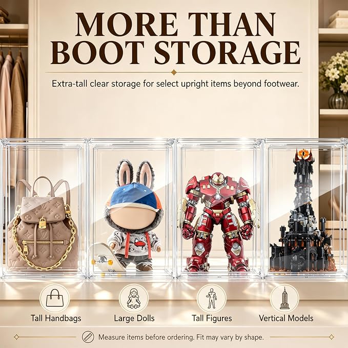 23.6'' Tall Boot & Shoe Boxes, Clear Dustproof Acrylic Display Case | 13.8'' x 12.2'' x 23.6'' tall display case for boots, upright handbags, dolls, figures and display storage,1 Pack - Image 8