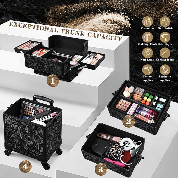 Stagiant Rolling Makeup Case Cosmetology Case on Wheels 4 in 1 Makeup Travel Case Extra Large Cosmetic Box with Key Make Up Artist Traveling Storage Nail Case Salon Barber Cart Trunk Alpine Black - Image 2