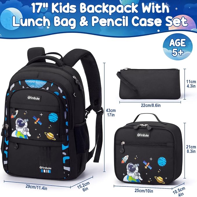 Fimibuke Backpack for Boys - 3 PCS Waterproof Boy Backpack Set with Lunch Box & Pencil Pouch for Kindergarten to Middle School, Age 5+, Space Black - Image 2