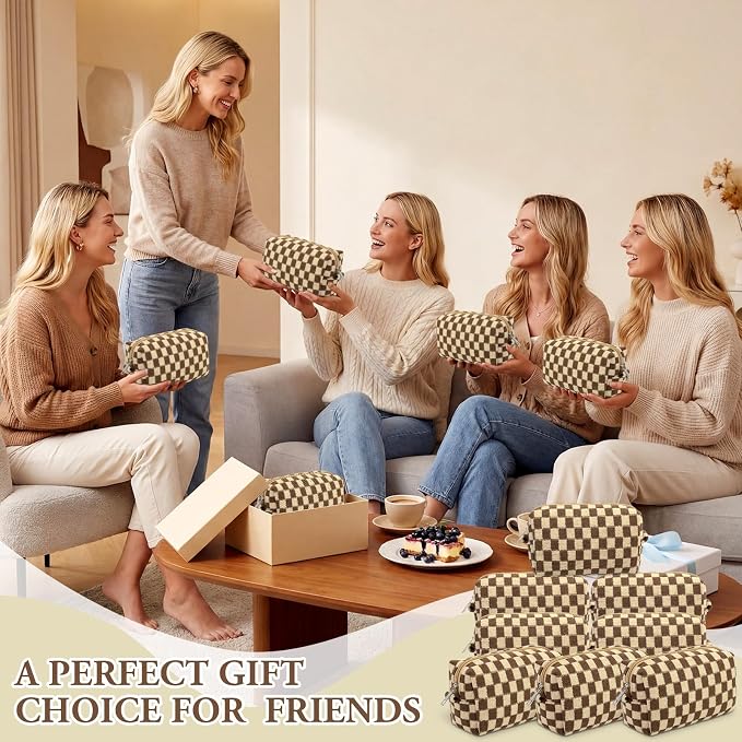 Gilprop 8 Pcs Checkered Makeup Bag for Purse Small Cosmetic Pouch Bulk Portable Zipper Makeup Pouch Travel Toiletry Organizer Gifts for Women Bridesmaid Wedding Party Favors (Brown) - Image 7