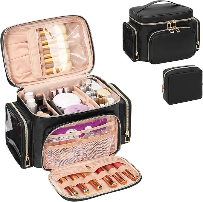 Makeup Bag, 2PCS Leather Large Travel Makeup Bag, Portable Waterproof Makeup Bag Organizer for Women with Makeup Brush Compartment, Cosmetic Travel Bag Vertical Storage Toiletry Bag, Black by OrganizeYourMakeup