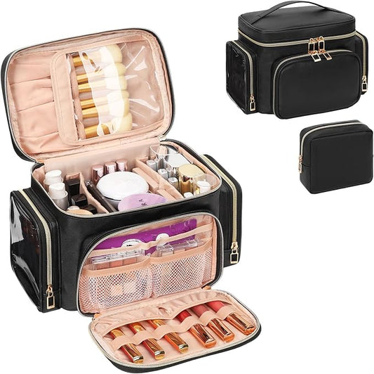 Makeup Bag, 2PCS Leather Large Travel Makeup Bag, Portable Waterproof Makeup Bag Organizer for Women with Makeup Brush Compartment, Cosmetic Travel Bag Vertical Storage Toiletry Bag, Black by OrganizeYourMakeup
