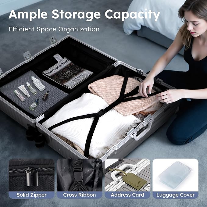 ALPHA CAMP 24 Inch Check-in Luggage, Dual Layer Aluminum Frame Luggage with TSA Locks，3-Layer PC Hard Shell Zipperless Lightweight Hardside Travel Suitcase，Type-C USB Charging Port, Cup Holder Grey - Image 8