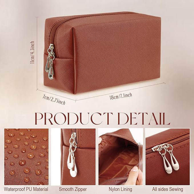 Kigeli Aesthetic Makeup Bags PU Leather Cosmetic Pouches Waterproof Plain Toiletry Bags Makeup Pouches Bulk for Women Party Gift Travel Storage Organizer(Brown,7.1 x 2.8 x 4.3 in) - Image 2