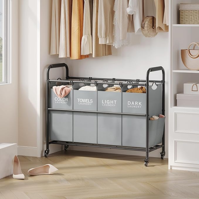 Tajsoon 4 Bag Laundry Sorter Cart, 4 Section Laundry Hamper Sorter with Heavy Duty Lockable Rolling Wheels, Laundry Separator Hamper with Removable Bags for Dirty Clothes Storage, Grey - Image 6