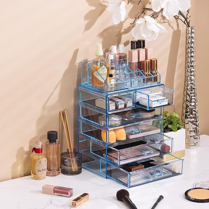 Sorbus Acrylic Makeup Organizer Set, 6-Drawer Vanity & Countertop Cosmetic Storage with Small & Wide Compartments, Blue Brilliance Makeup Storage for Brushes, Jewelry – Holiday Gift for Women & Teens - Image 5