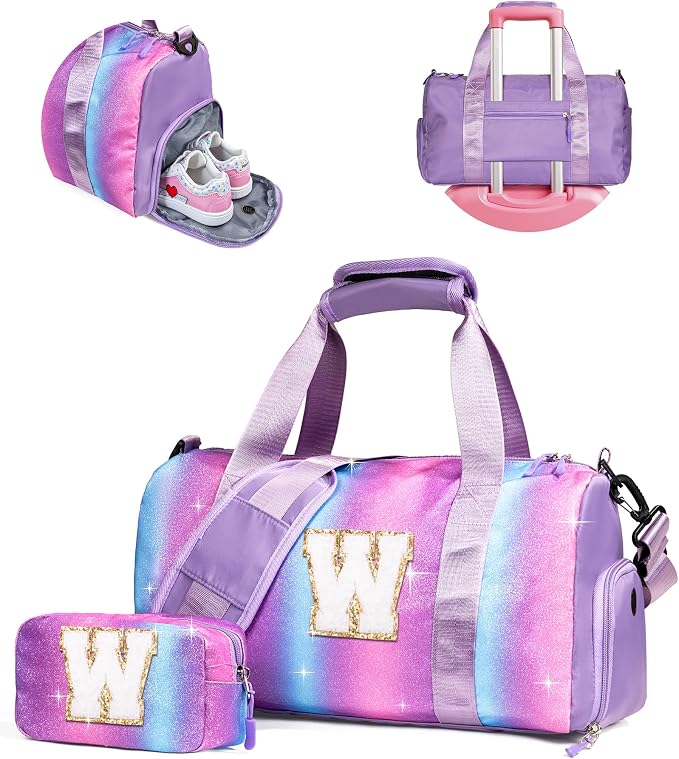 Cute Preppy Stuff for Teen Girls-Girl Gym Bag with Shoe Compartment, Kid Personalized Weekender Overnight Bags, Initial Travel Tote with Makeup Pouch, Gift Ideas for Niece Sister (Letter W) by Vogewood